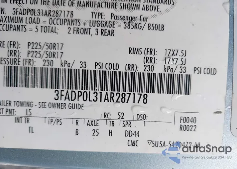 2010 Ford Fusion Hybrid from USA, damaged, VIN 3FADP0L31AR287178